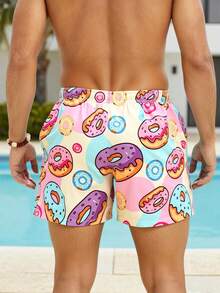 VIVINTIMO Shorts de playa con estampado de donas, cintura con cordón y bolsillos para hombres de talla grande - Rosa - Ver 2