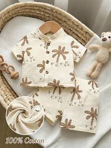 SHEIN Playful Pals 2pcs Newborn Beige Tropical Coconut Tree Print Short Sleeve Shirt & Shorts Set Summer Vacation Family Matching Casual Loose Outfits - Apricot - View 8