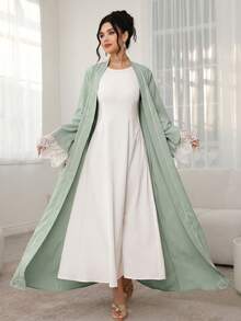 Al Najma 女士优雅撞色蕾丝喇叭袖睡袍，适合节日场合 - 綠色 - 查看 7