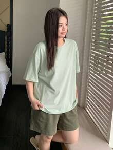 Dazy Plus 2pcs Casual Lounge Wear Set, Loose Short Sleeve Top And Elastic Waist Shorts, Spring/Summer Plus Size Women Pajamas - Mint Green - View 3