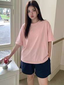 Dazy Plus 2件組休閒居家服套裝，寬鬆短袖上衣與鬆緊腰短褲，春夏季大尺碼女款睡衣 - 淺粉色 - 查看 5