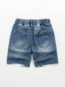 Quần short denim mùa hè mới cho bé trai, phong cách đường phố thời trang, hiệu ứng giặt xanh, chi tiết rách mài, thiết kế cạp chun thoải mái và phong cách, dễ phối đồ cho nhiều dịp, quần short denim mùa hè - Rửa nhẹ - Xem 2