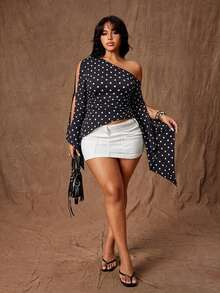 Rustia Plus Size Women's Fashionable Polka Dot Print Asymmetrical Neck Open Sleeve Ruched Fitted Top, Spring/Summer Fall - Black - View 8