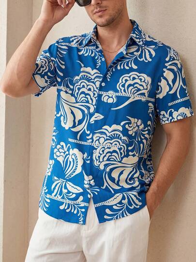 Manfinity Dauomo Tops Men's Blue & White -Print Short-Sleeve Shirt - Vacation-Ready Casual Style With An "Ins" & Western-Inspired Vibe. Comfortable, Versatile, And A Must-Have Summer Essential For The Stylish Guy On The Go.