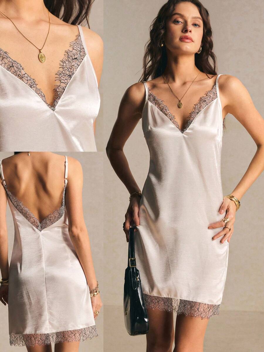 Poéselle Đầm ôm sát gợi cảm cổ chữ V dây mảnh, màu đen, kiểu dáng thanh lịch, tôn dáng. - trắng - Xem 1
