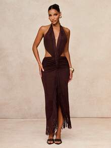 Lumalex Pastal Halter Cutout Maxi Dress Summer Holiday Party Vacation Golf Club Deep Plunge Neck Fringe Trim Slit Backless Bodycon Sexy Dark Brown - Coffee Brown - View 17