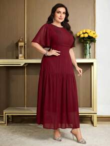 Modelyn Plus Size Solid Color Rhinestone Decor Round Neck Elegant Short Sleeve Dress, Summer Wedding Burgundy - Burgundy - View 5