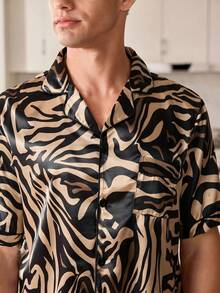 CoupledUp Zebra Print Faux Silk Short Sleeve Shorts Pajama Set For Men - Multicolor - View 5