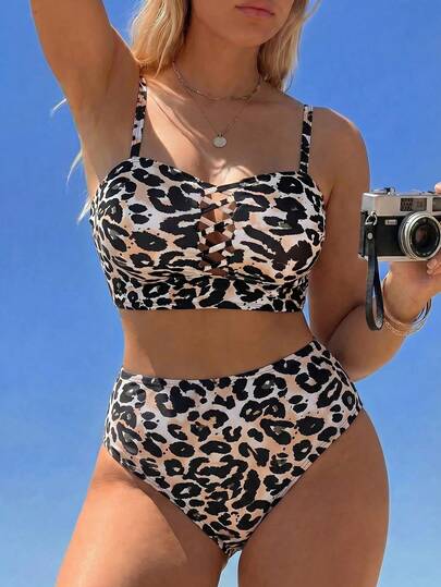 Swim Vcay Plus Size Women's Leopard Print Criss-Cross Strap Bikini Top, Adjustable Spaghetti Strap Design, Suitable For Beach Vacation And Pool Party