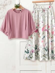 EMERY ROSE Plus Size Women's Elegant 2-Piece Set,White Floral Print Maxi Skirt And Solid Pleated Round Neck Blouse,Summer Vacation,Bachelorette Party,Tea Party - Pink - View 1