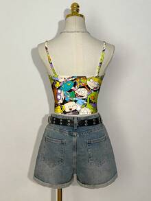 Nick 90s | SHEIN Women's Spaghetti Strap Cute Print Fitted Summer Camisole, Nick 90s X - White - View 2