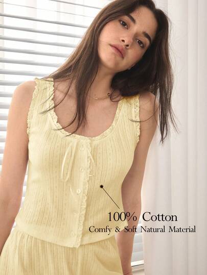 Ocili Camisola de algodão jacquard com frente aberta, roupa de dormir feminina minimalista, macia e confortável com estampa, estilo anos 2000.