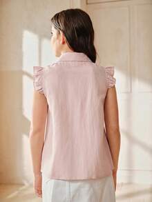 Anewsta Tween Girl Sweet Style Faux Pearl Beaded Ruffle Trim Blouse - Baby Pink - View 5