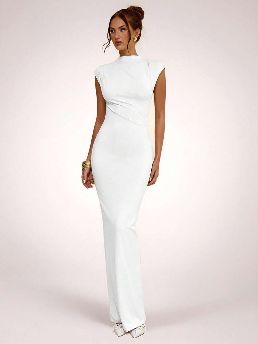 SHEIN BAE Apricot Asymmetric Ruched Bodycon Dress, Minimalist Elegant Long Dress For Spring & Summer - White - View 1