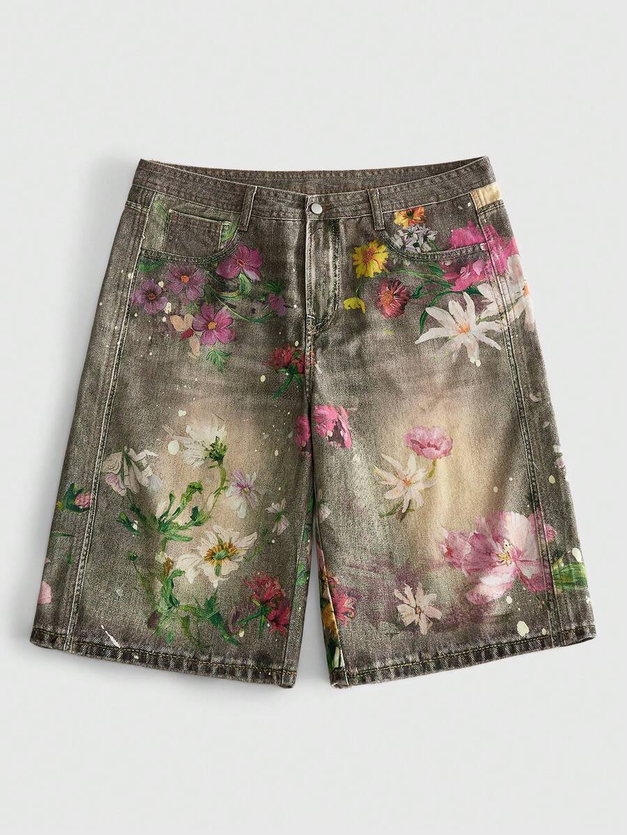 ROMWE MEN Quần short denim nam dáng rộng in họa tiết retro, kiểu dáng thường ngày, đa năng cho mùa hè. - Màu nâu  Mocha - Xem 1