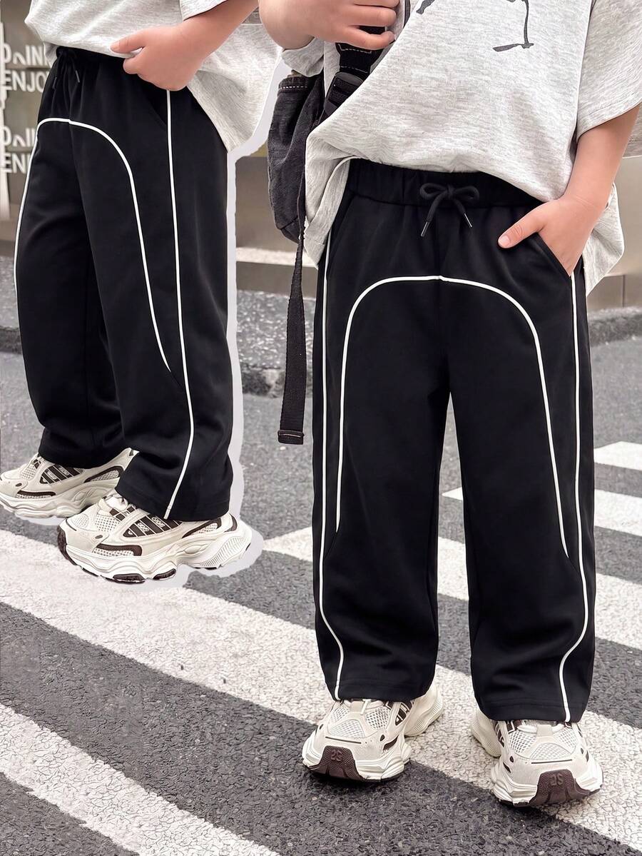 SHEIN Calça Cargo Reta Solta e Versátil com Cordão para Menino, Outono/Inverno - Preto - Visão 1