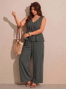 SHEIN Essnce 大码女式V领条纹上衣和裤子休闲套装 - 彩色 - 查看 7