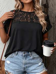 EMERY ROSE Plus Size Women's Lace Floral Knit T-Shirt, Suitable For Daily Commute And City Wear, Spring/Summer Date Night Black Elegant - Black - View 3