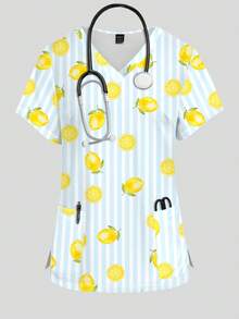 PopScrub Yellow Lemon, Lemon Slice, Striped Pattern Nurse Scrub Uniform Top, V-Neck Short Sleeve Design With Pockets And Side Slits, Fashionable Spring/Summer Work Wear, Cute Scrub Top, Nursing Scrub Uniform Top - Multicolor - View 1