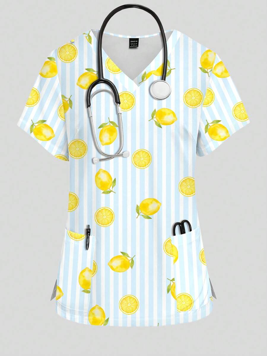 PopScrub Yellow Lemon, Lemon Slice, Striped Pattern Nurse Scrub Uniform Top, V-Neck Short Sleeve Design With Pockets And Side Slits, Fashionable Spring/Summer Work Wear, Cute Scrub Top, Nursing Scrub Uniform Top - Multicolor - View 1