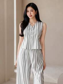 DAZY Bộ đồ 2 món mùa xuân hè, phong cách thường ngày, gồm áo vest không tay kẻ sọc và quần ống đứng dành cho nữ. - Nhiều màu - Xem 5