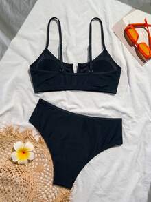 Swim Vcay 2件組極簡性感拼接V領內衣上衣與高腰比基尼泳褲 女款黑色夏季海灘派對 - 黑色 - 查看 5