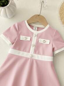 LMoss Kids Baby Girl Knitted Colorblock Round Neck Casual Dress - Baby Pink - View 4