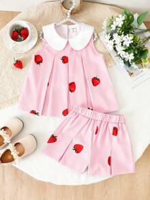 SHEIN Elladie kids 女童（小号）春夏休闲时尚新款T恤套装，梭织面料，可爱草莓红、蓝白条纹数码印花，白色彼得潘领T恤，下摆褶裥设计，搭配褶裥休闲短裤，两件套，适合可爱简约的韩式风格，休闲舒适，适合日常穿着、上学、外出、海滩、派对、春夏度假等场合。 - 粉色 - 查看 3