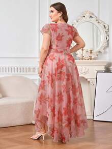 Reflora Plus Size Women's Elegant Floral Print Dress, Summer Wedding Guest Dress - Red - View 2