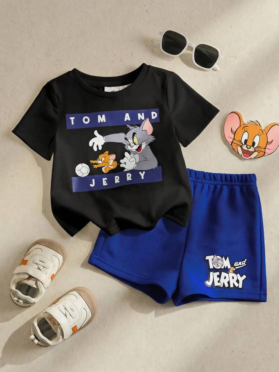 TOM & JERRY X SHEIN 2pcs/Set Baby Boy Casual Cartoon Graphic Round Neck Short Sleeve T-Shirt And Shorts Comfortable Outfit - Black - View 1