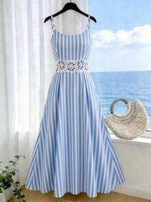 SHEIN Holidaya Women's Summer Blue And White Stripe Spaghetti Strap Midi Dress, Hollow Lace Waist A Line Dress, Lightweight Elegant Boho Chic Outfit For Beach - Baby Blue - View 9