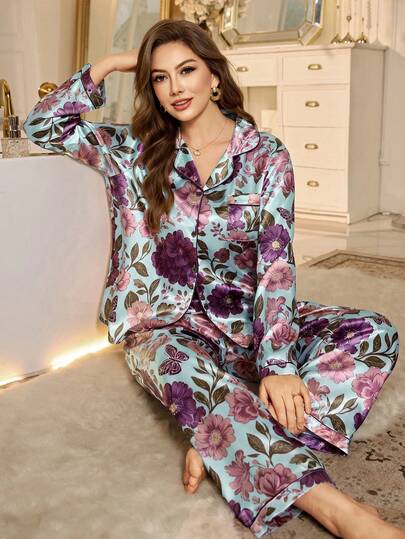 MuseNap CURVE Elegant Floral & Leaf Print Lapel Cardigan Plus Size Women Pajama Set