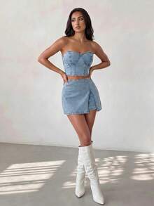 SHEIN Glamour Áo croptop denim không dây vai dành cho nữ - Màu xanh lam - Xem 6