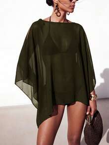 Zivah Áo khoác ngoài dáng vuông bằng chiffon mỏng nhẹ, thích hợp cho kỳ nghỉ biển, dành cho nữ, năm 2026, màu nâu. - xanh quân đội - Xem 2