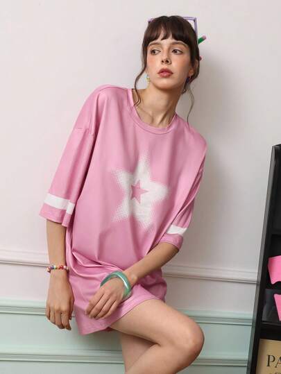 SHEIN 渐变星形印花女士针织短袖圆领T恤和短裤睡衣套装
