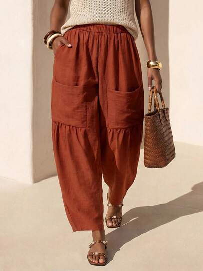 Zivah New Summer Casual Vacation Nomadic Boho Resort Loose-Fitting Reddish-Brown Functional Cargo Large Pockets Cocoon Shape Wide Legs Tapered Leg Women Pant. Suitable For Everyday Wear, Travel, Vacations, Music Festivals, Boho , Party, Airport Outfits, Brunch Outfits, Linen Material, Beach-A