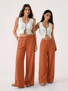 PETITE Pantalones rectos de cintura baja de 100% algodón lavado, pantalones de lino para mujer, pantalones de verano, pantalones anchos de mujer, pantalones de verano, otoño y ropa de otoño para mujer - Color caoba - Ver 3