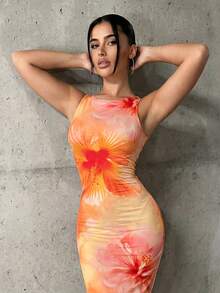 SHEIN ICON Vestido largo ajustado con estampado de teñido anudado - Naranja - Ver 3