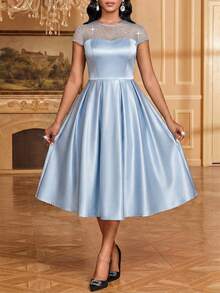 SHEIN Lady Women's Elegant Short Sleeve Mid-Length Mesh Patchwork Rhinestone Decor Dress Dinner Date Light Blue Summer - Lake Blue - View 5