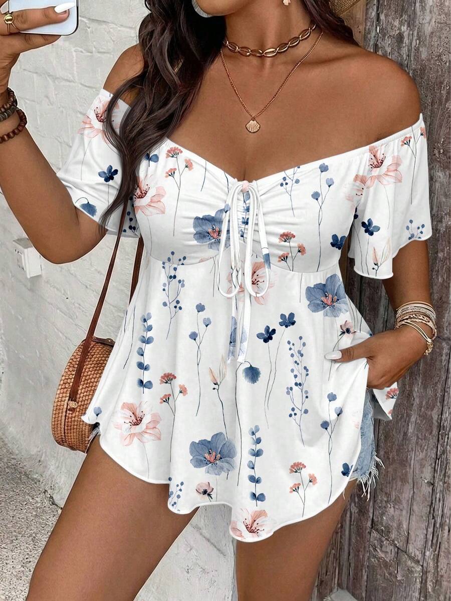 SHEIN VCAY Plus Size Women's Off Shoulder Ruffle Floral Print Casual Boho Versatile Daily T-Shirt Holiday Vacation White Summer - Multicolor - View 1