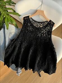 SHEIN EZwear 大码女式黑色镂空针织背心，春夏款 - 黑色 - 查看 3