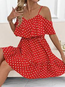 SHEIN Clasi Women's Elegant Brown Polka Dot Print Off-Shoulder Ruffle V-Neck Waist A-Line Short Dress - Red - View 7