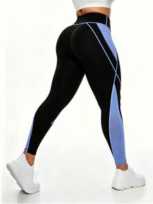SHEIN Rhythm Era Leggings ajustados de cintura alta con bolsillos y contraste de color para tallas grandes - Multicolor - Ver 4