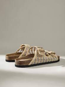 Solecia Sandal Wanita Berenda Jala Berongga dengan Dua Kancing, Sandal Terbuka Bersol Datar Bergaya Retro Bernapas dan Serbaguna untuk Musim Panas - Aprikot mesh tinggi - View 3
