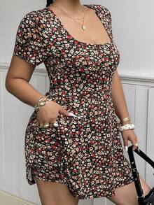 Muchica Plus Size Ditsy Floral Square Neck Short Sleeve Jumpsuit, Summer - Multicolor - View 5