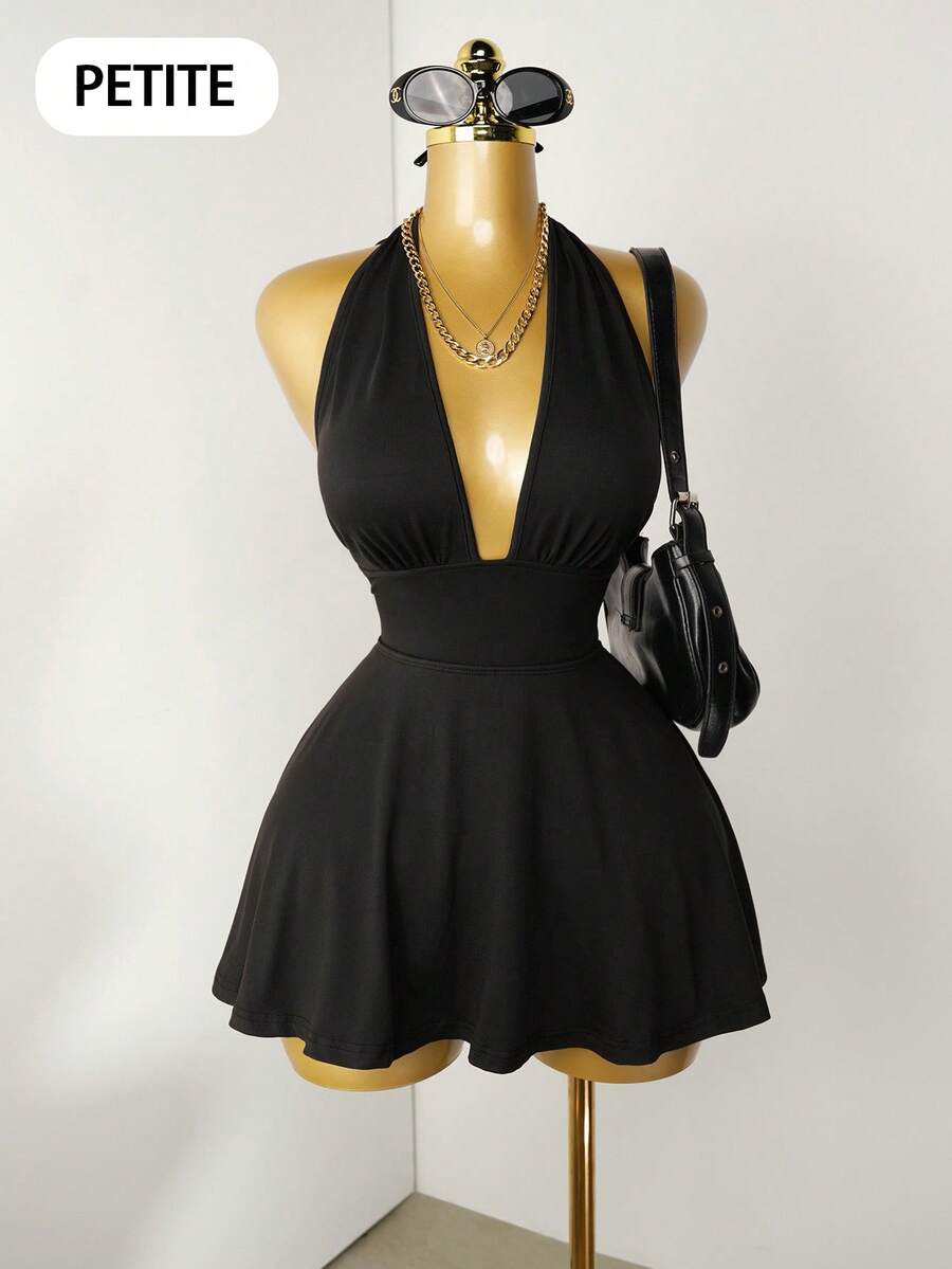 SHEIN PETITE Bộ jumpsuit nữ màu đen không tay, cổ chữ V sâu, hở lưng, buộc dây, thiết kế ôm sát, thích hợp cho nữ mặc vào mùa hè, đi nghỉ mát và du lịch. - màu đen - Xem 1