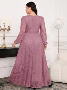 Modelyn Plus Size Women Lace Lantern Sleeve Ruched Waist Elegant Dress Fall - Dusty Pink - View 2