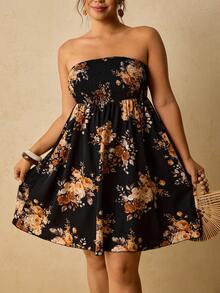 SHEIN VCAY Plus Size Summer Floral Print Halter Dress - Black - View 9