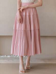 DAZY Chân váy xòe xếp ly cạp cao bằng vải chiffon màu tím dành cho nữ, kiểu dáng đa năng cho mùa xuân và mùa hè. - Hồng - Xem 8