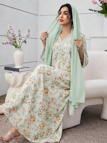 Yasmyna V-Neck Chiffon Lace Patchwork Floral Print Dress With Headscarf, Pink Tone - Green - View 5